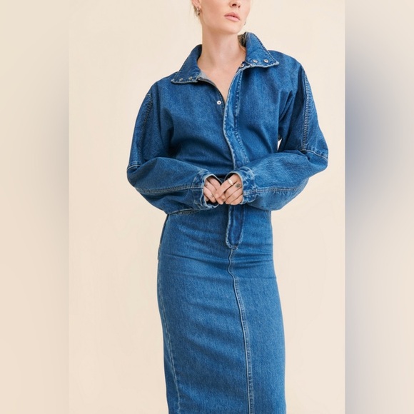 NWT Ronny Kobo Sebastian Denim Point Collar Neck Long Dolman Sleeve Midi Dress - Picture 1 of 10